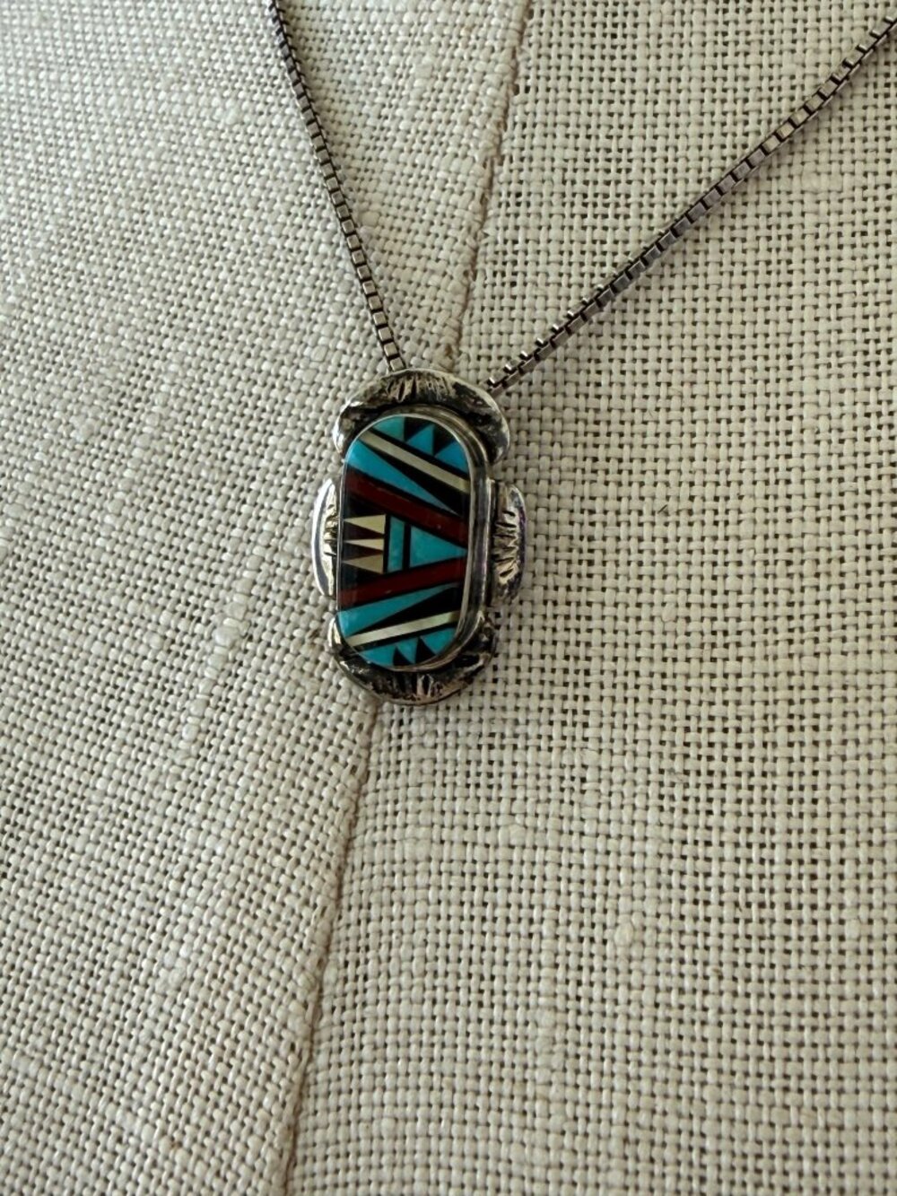 Vintage 70s Zuni Inlaid Gemstone Pendant Necklace Sterling Silver - Picture 6 of 16